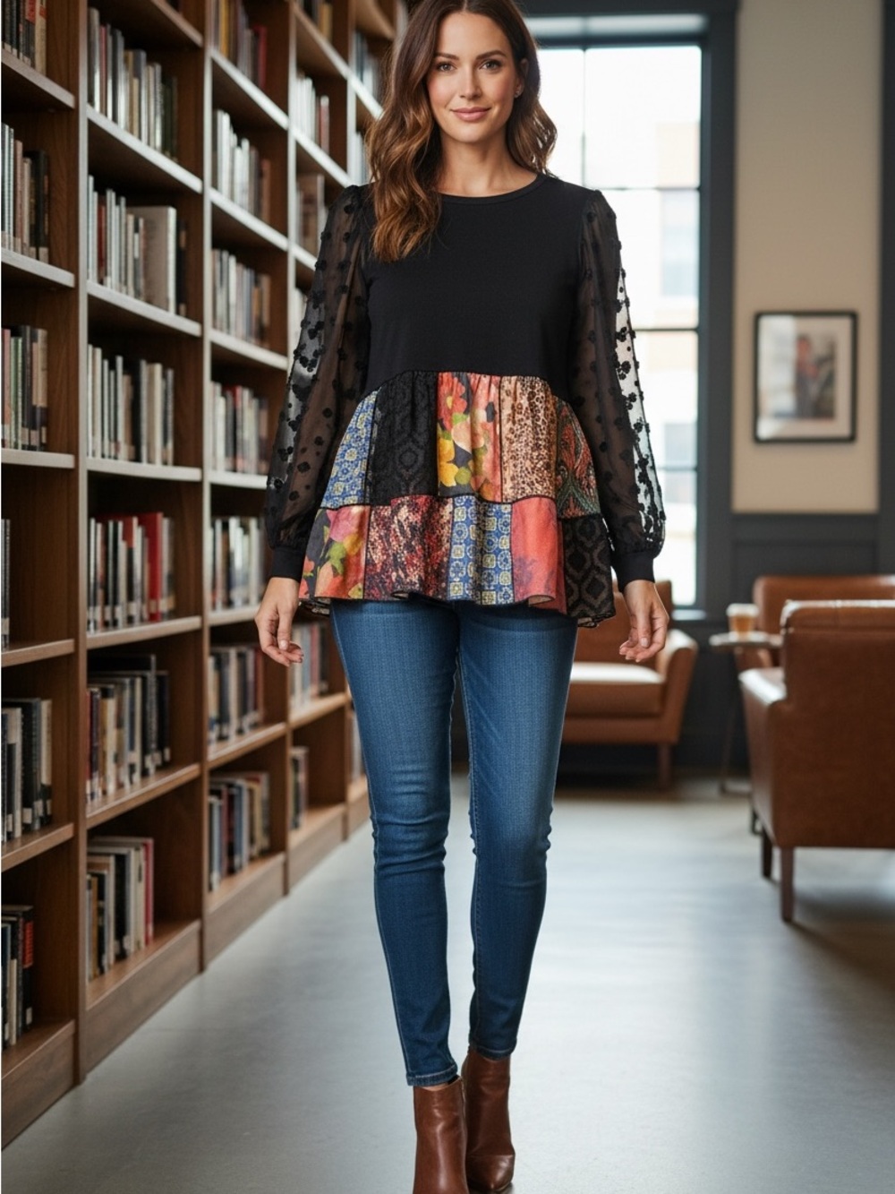John Mark Black Peplum Tunic with Multicolor Patchwork Tier Size Petite Small